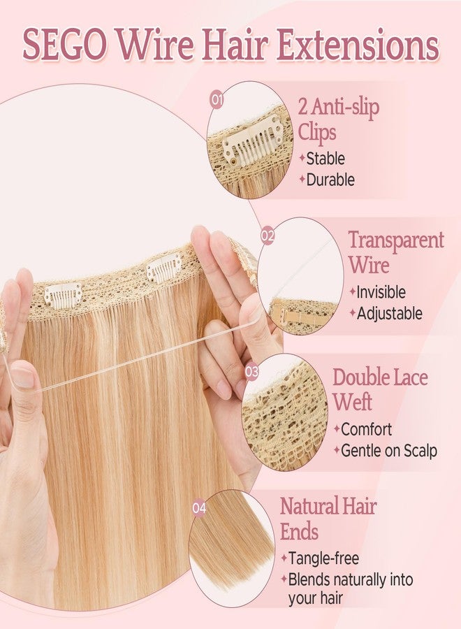 SEGO Halo Hair Extensions, Adjustable Invisible Wire Extensions, Real Human Hair, 2 Clips for Women Transparent Fish Line Extensions, Add Length Volume, 12 inches, Golden Brown Mixed Bleach Blonde - Image 5